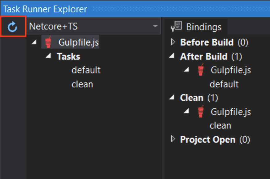 Screenshot of task explorer with "Gulpfile.js" in
it